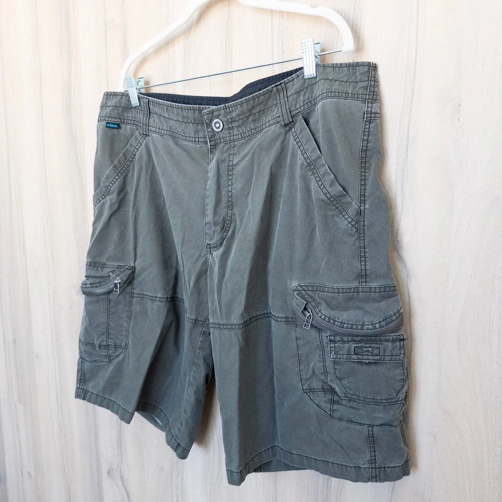 KUHL Mens Cargo Shorts 38 Green Vintage Patina Dye Hiking Utility Outdoor